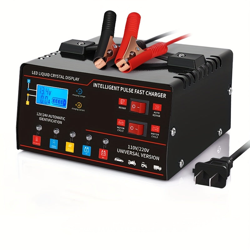 12V&24V Intelligent Universal Battery Charger With LCD Display, Smart Repair, Temperature Compensation, Overcharge And Short Circuit ProtectionSuitable For Intelligent Trickle Charging Of Cars, SUV, Trucks, Yachts, Motorcycles Battery Maintenance