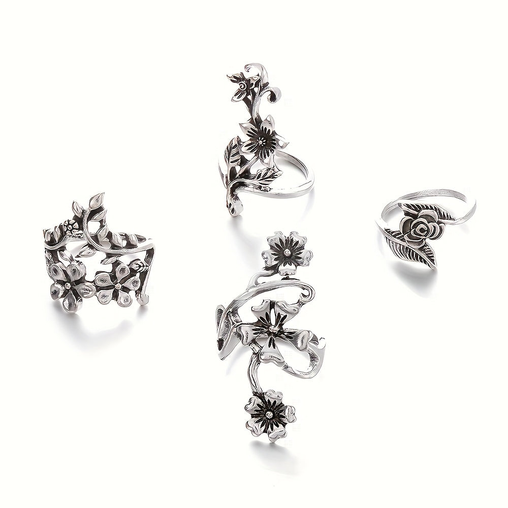 [Vintage 925 Silver Rings] 4pcs 925 Silver Vintage Stacked Floral Rings Set - Simple Elegant Design for Women - Daily & Gift Occasions