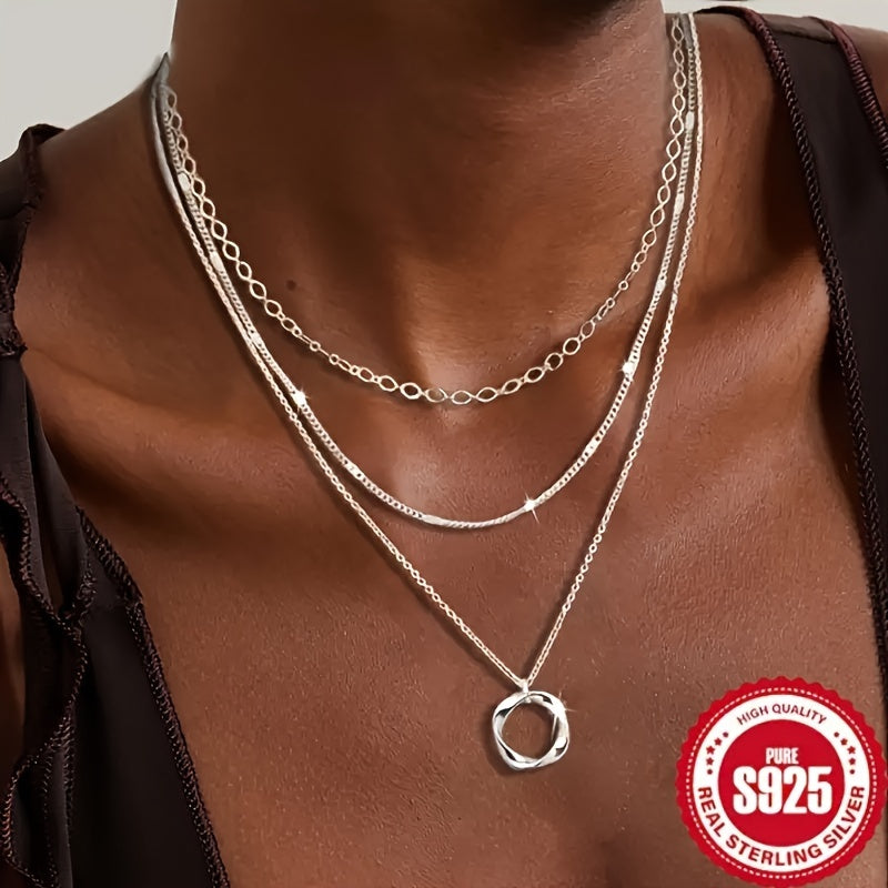 925 Pure Silvery Women's Necklace, Multi-layer Round Pendant Stacking Design, Trendy Fashion Jewelry, Suitable for Party and Vacation, Women's and Girls' Gifts