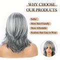 Layered Grey Bob Mullet Wigs for Women 14 Inch Short Light Grey Bob Wigs with Curtain Bangs Synthetic Hair Mullet Wig Wavy Bob Wig Cosplay Wig