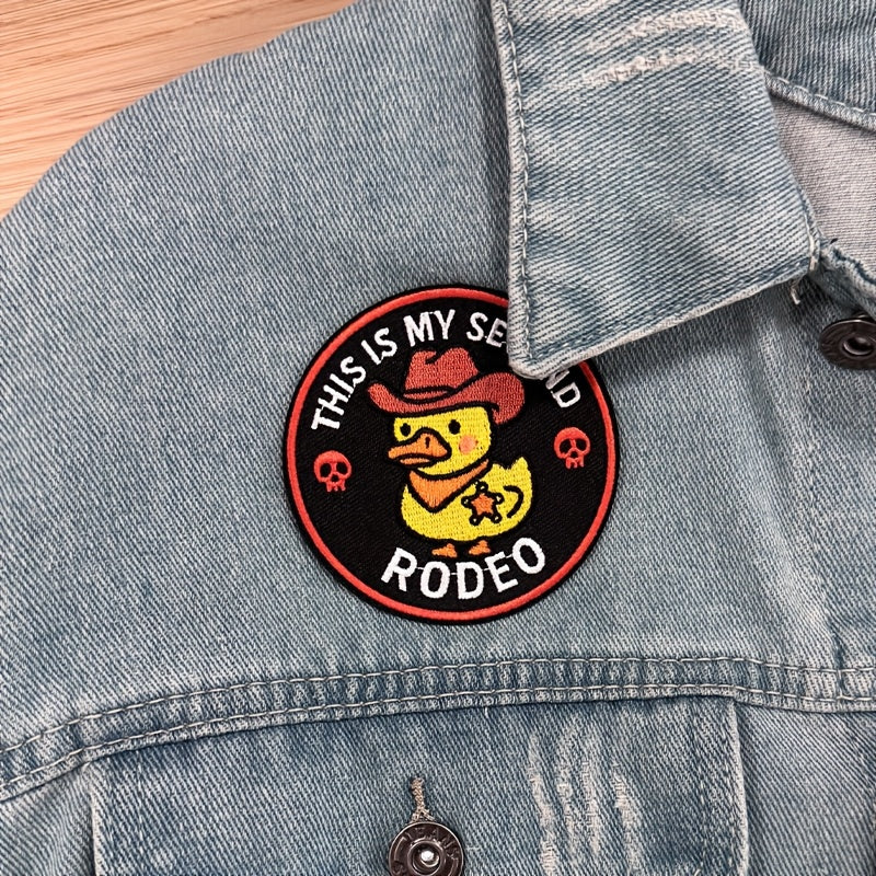 Set of 5 Humorous Cowboy Duck Patches Featuring The Phrase 'This Is My Second Rodeo' for Decorating Jackets, Backpacks, Hats, And Clothing. Can Be Ironed Or Sewn on