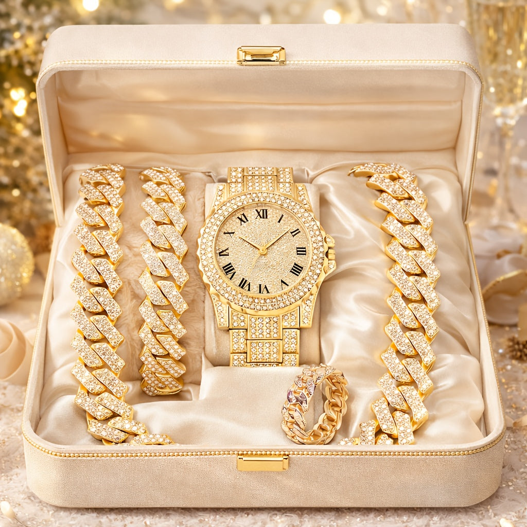 Luxury Cuban Link Bracech & Watch Gift Set: The Essential Statement Piece for Parties, Concerts and Celebrations | The Ultimate Gift for Him for Christmas, Valentine's Day, Birthday, New Year, Halloween, Thanksgiving and Anniversaries