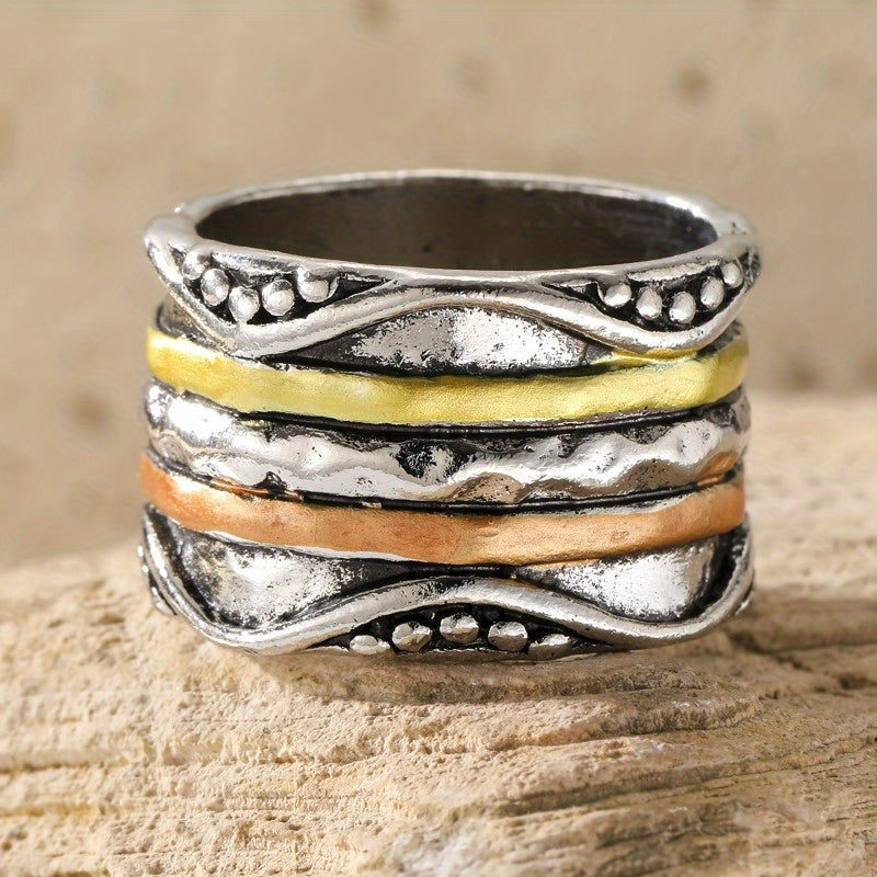 [Bohemian Women's Ring] Retro Bohemian Style Multi-Color Stainless Steel Layered Texture Women's Ring, a Fashionable Women's Ring for Daily Gatherings