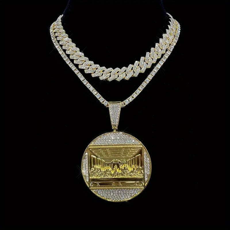 Set of 2 The Last Supper Men'S Golden Pendant Necklace Featuring a Hip Hop Cuban Chain And Tennis Chain, Perfect for Daily Wear Or Parties, a Stylish Gift for Men