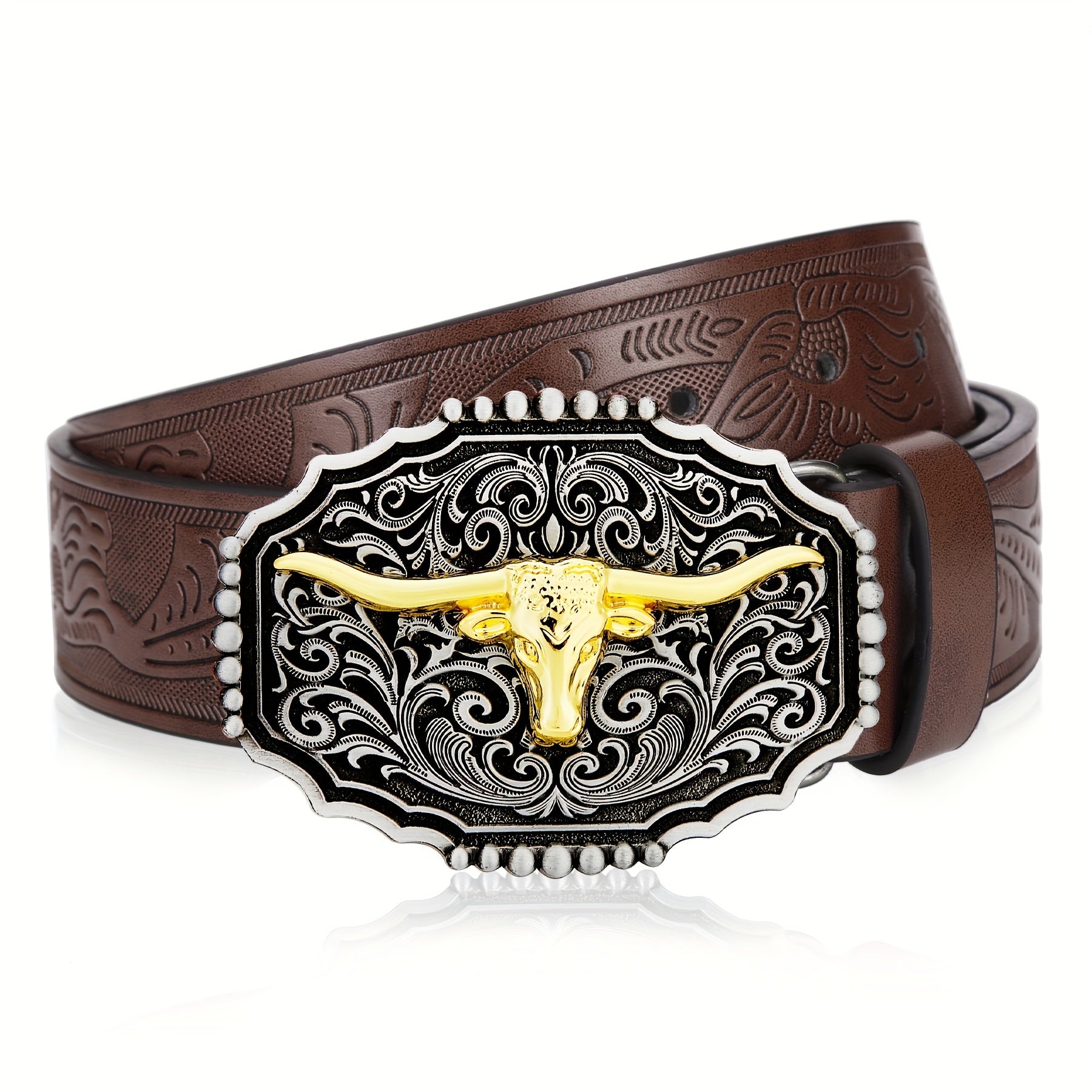 Mens Western Cowboy Cowgirl Embossed Floral Faux Leather Belt - Longhorn Bull Pattern Letter Big Buckle Belt - Stylish, Durable, Belts For Men