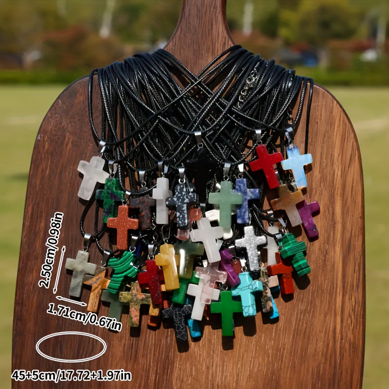 50pcs Mixed Natural Stone Cross Pendant - 25pcs Fashionable Cross Pendant With 25pcs Adjustable Black Faux Leather Necklaces Quartz Faux Jewelry For DIY Necklace, Bracelet, And Earring Making