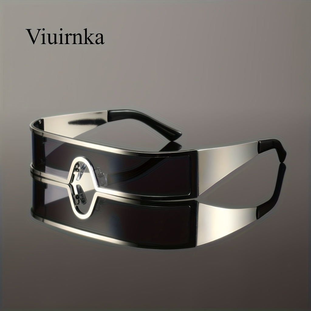VIUIRNKA Men's Fashion Glasses, Cyberpunk Metal Wraparound Frame, Wide Temple Futuristic Design with Case, Lightweight Street Style Fashion, Perfect for Halloween & Christmas Gift Giving, Cool Quality Event Wear