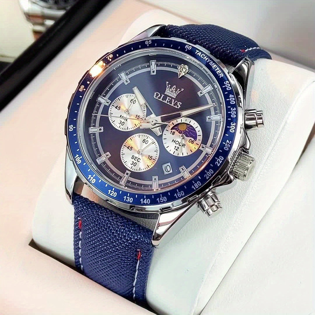 OLEVS Men'S Luxury Watches Blue Leather, Casual Watches for Men, Chronograph Watches Moon Phase Quartz Male Watch Waterproof Wrist Watch Big Face with Calendar Wristwatch Relojes De Hombre