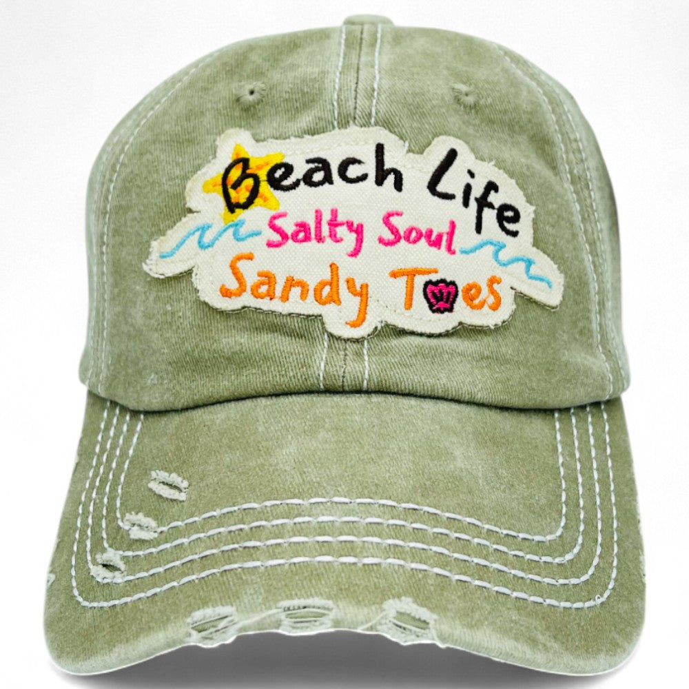"Beach Life Salty Soul Sandy Toes" Baseball Cap-Local Artist Designed, Vintage, Distressed, Embroidered, 100% Cotton, UV Protection, Adjustable