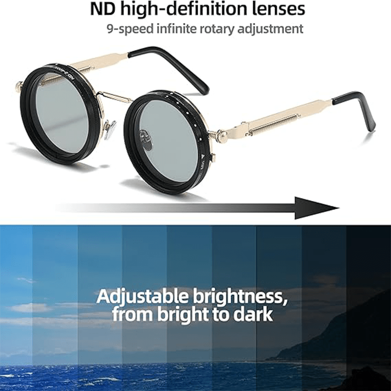 1 Pair of Adjustable ND, Steampunk Rotating Lens Glasses, Mechanical Style Frame (Black/ Gray/ Golden), Unisex, Retro Fashion Accessory, High-Quality Lenses, Adjustable Brightness, Durable Material, Suitable for Driving And