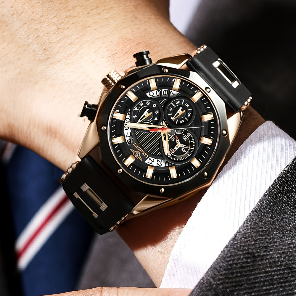 Men's Luxury Large Dial Chronograph Wristwatch - Blue & Golden Analog Watch with Day/Date/Month Display, Quartz Movement, 24H Chronograph, High Quality 1181.1inch, Elegant Brown Strap & Golden Buckle, Multi-Functional Business & Sports Watch for Formal &