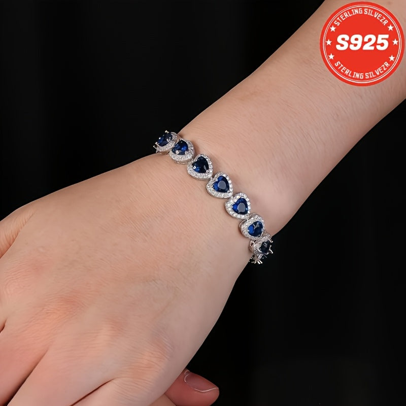 S925 Pure Silvery Fashionable And Exquisite- High-end Blue Heart-shaped Full-Moissanite Bracelet- Suitable For Giving To Sisters, Mothers, Anniversary, Christmas, Thanksgiving, Valentine'S Day, Total Weight Of The Product (4.11g)