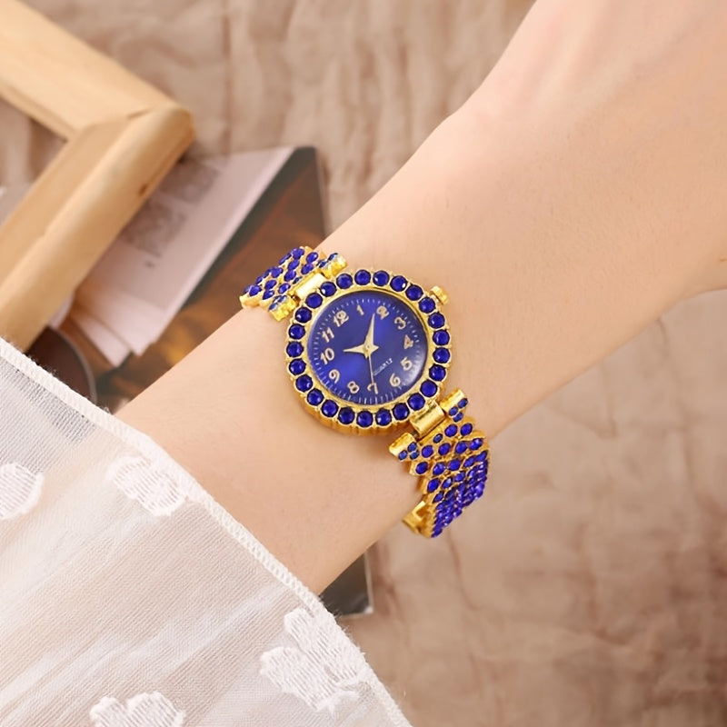 6pcs/Set Luxury Women's Watch And Fashion Jewelry Set, Elegant Blue Rhinestone Quartz Watch Fashion Timepiece Jewelry Set