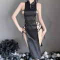 T-2384 Chinese buckle sexy seductive strappy high slit jacquard satin cheongsam nightdress