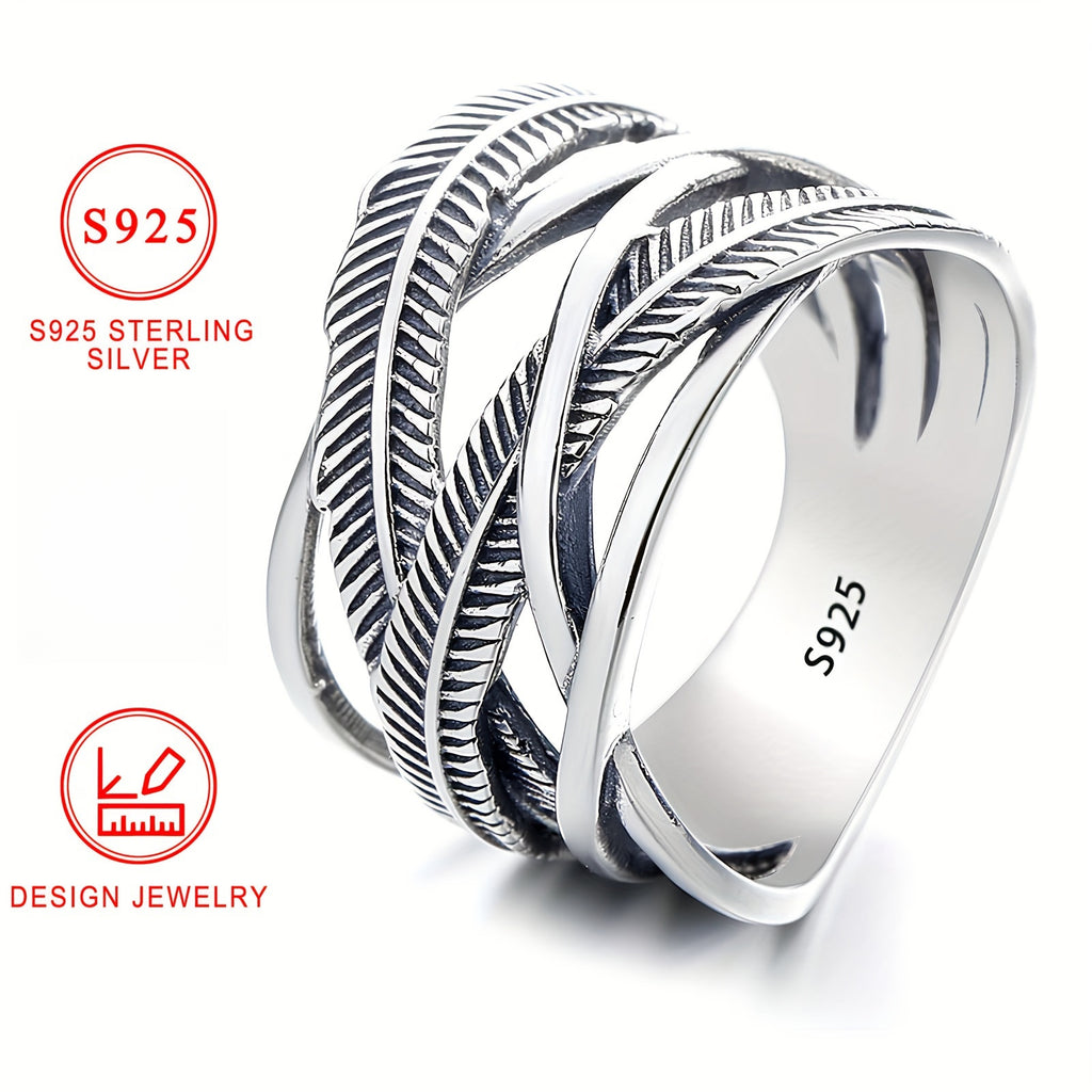 Vintage 925 Sterling Silver Feather Ring, Infinity Theme Cross Band Hip Hop Style, High-Quality Fashion Jewelry, Daily Wear & Gift-Giving