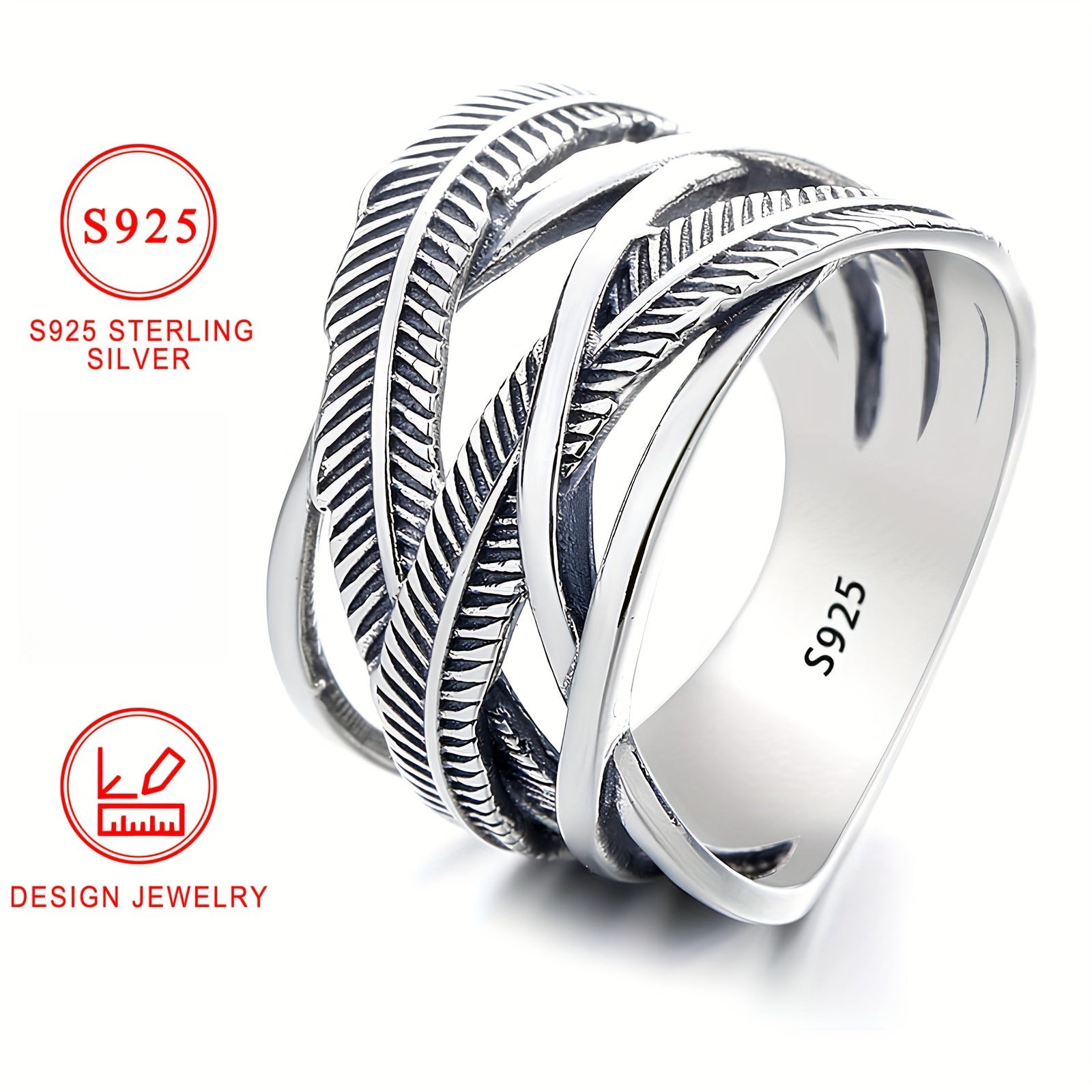 Vintage 925 Sterling Silver Feather Ring, Infinity Theme Cross Band Hip Hop Style, High-Quality Fashion Jewelry, Daily Wear & Gift-Giving