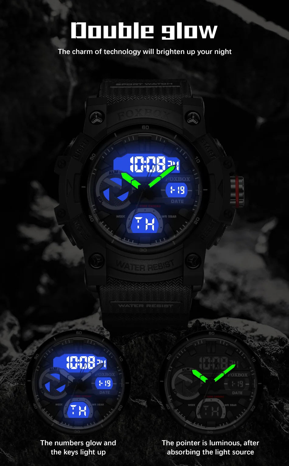 2025 Newest FOXBOX LED Quartz Electronic Watch with Night Light, Multi Functional, Outdoor, Hiking, Sports Style, Easy And Fashionable Multi Functional Electronic Men'S Watch, Men'S Digital Watch, Sports Timer, Fashion Style, Minimalist Watch