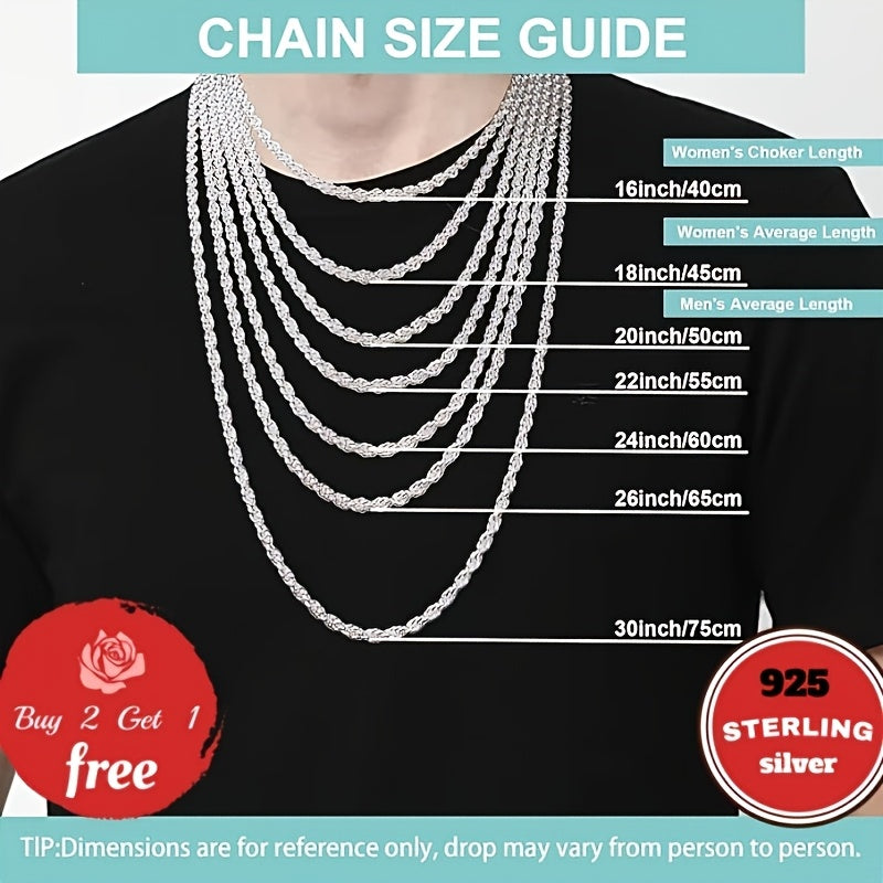 Italian Pure Handmade, 3Mm 925 Sterling Silver Twist Woven Necklace, Suitable for Holidays, Parties, Music Festivals, Give Him/Her Birthday, Valentine'S Day The Best Gift, Gift Box Packaging, Total Weight of The Product(6.24G)