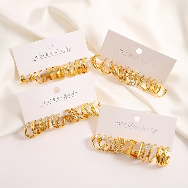 Golden A Set Of 48 Simple And Elegant Golden Geometric Twisted Love Imitation Pearl Earrings For Ladies, Suitable For Vacation Dates, Daily Wear, And Gifts