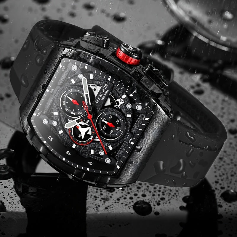 [Luxury Sport Watch] H Luxury Tonneau Sport Watch for Men - Luminous Waterproof Quartz Chronograph - Racing Style Silicone Band Wristwatch - 3ATM Waterproof High-Accuracy Multi-Functional Fashion Watch