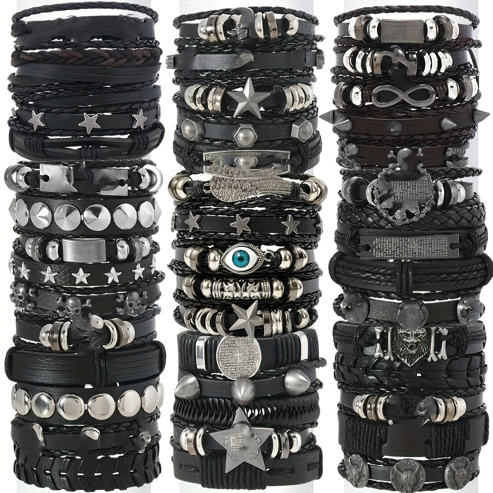Random10/ 20/ 30pcs Punk Hip Hop Style Faux Leather Bracelets Set Multi-layer Skull Cross Star Halloween Chic Infinity Symbol Design Vintage Black for Teen And Gifts Thanksgiving Father's Day Graduation Creative Metal Dots Fashion Jewelry