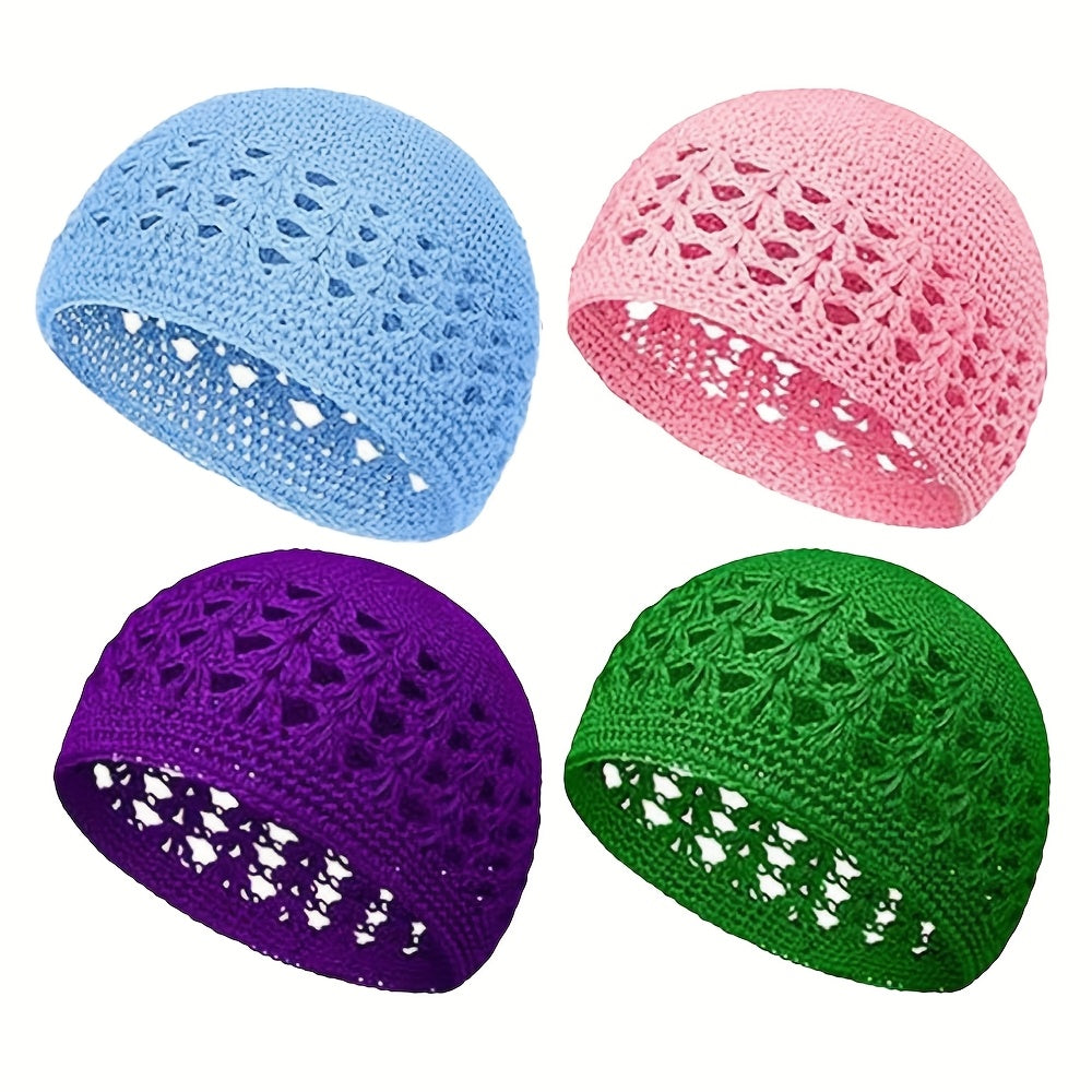 Set of 4 Unisex Beanie Caps Featuring a Thick Knit Design with a Hollowed-Out Wheat Ear Pattern, Made from Acrylic Material. These Skullies And Beanies Come in a Preppy Style with Solid Colors And Slight Stretch, Filled with Fiber for Added Warmth