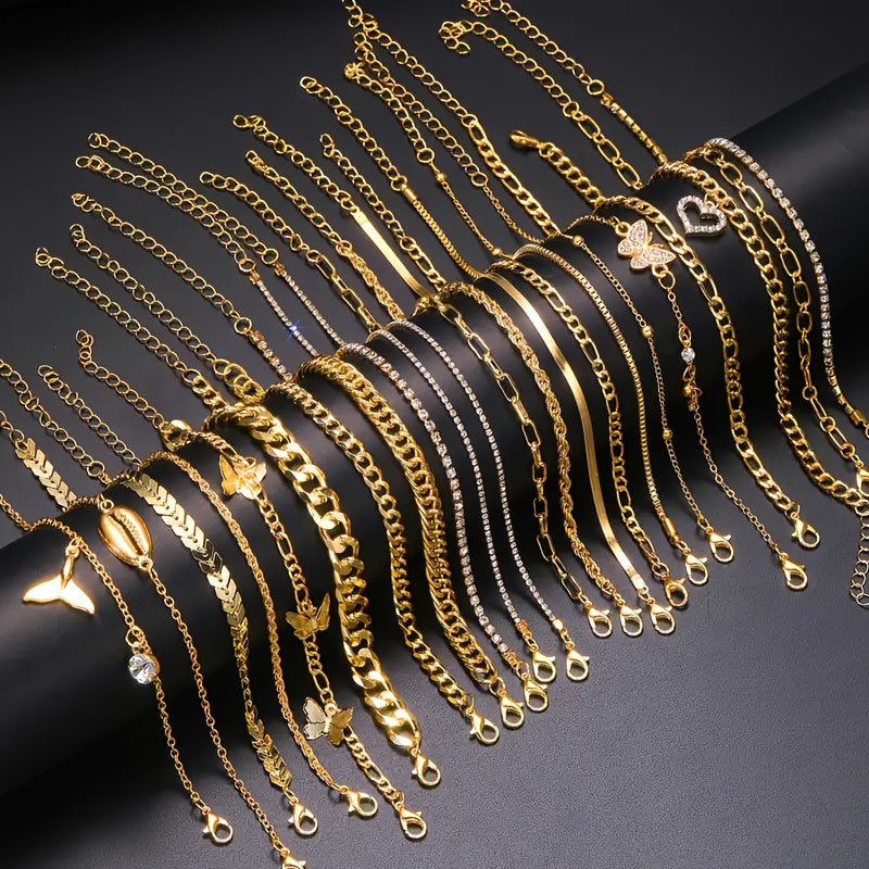 22pcs Vintage Simple Encrusted Rhinestone Metal Geometric Butterfly Heart Twist Chain Style Multi-Layer Stacking Anklet Set Women's Autumn And Winter Daily Match Attend Party Vacation Dating Holiday Gift