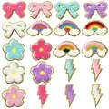 20pcs Glitter Self-adhesive Rainbow, Flower Plush Garment Embroidery Patches Blurred Letters Golden Decoration College Style Clothing Badge Appliques (Pastel Tones, Simple)