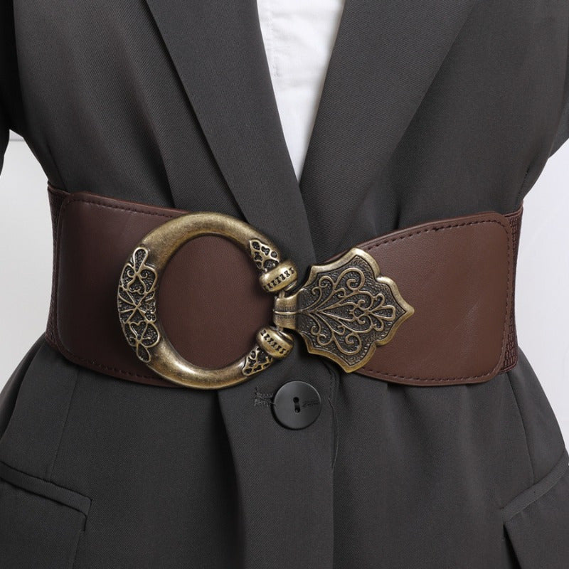Women'S Retro Rivet Splicing Decorative Waist Cover with European And American Hollow Metal Wide Waist Belt