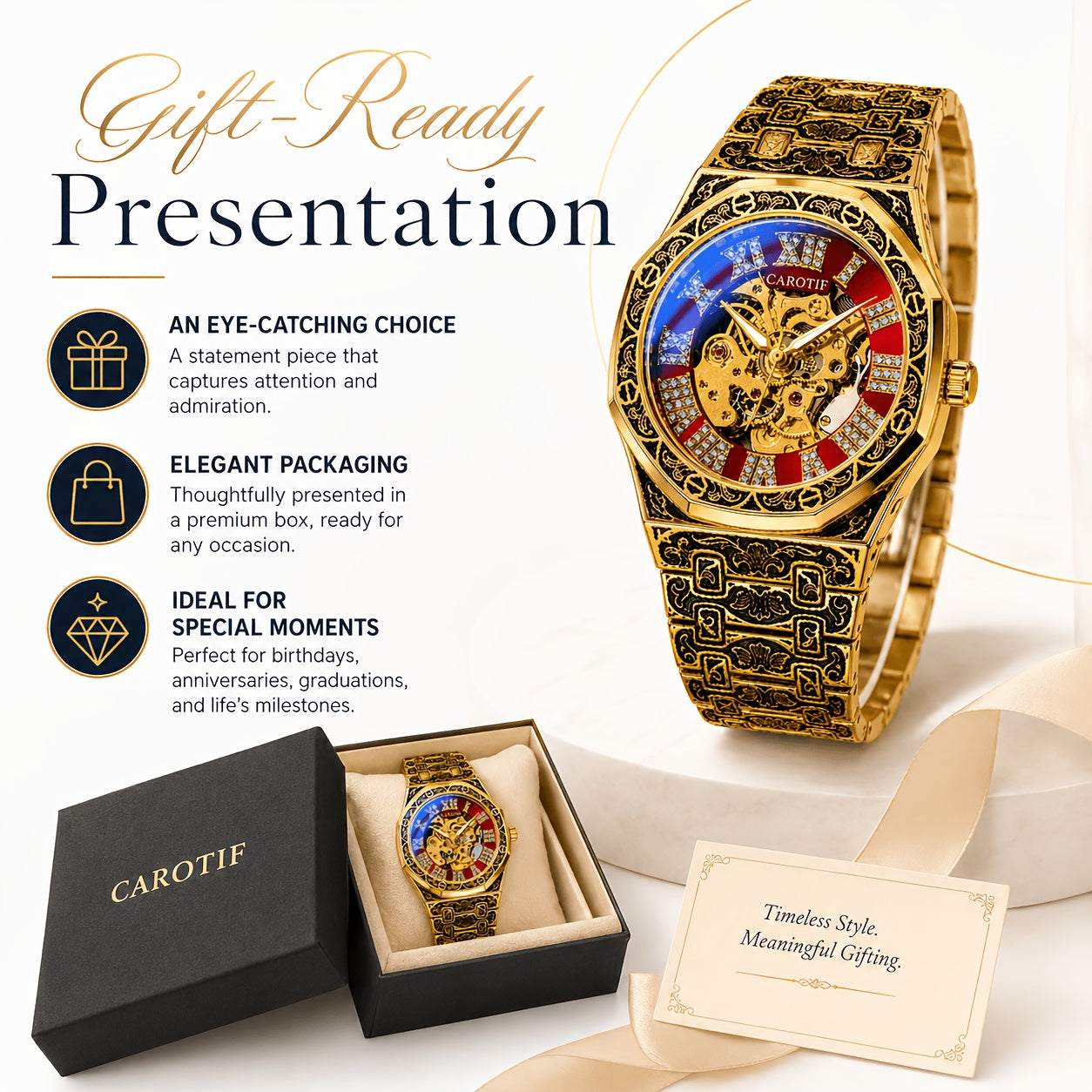 [Automatic Mechanical Watch] 1pcss Men's Golden Green Steel Belt Retro Style Classical Fashion Rose Carving Automatic Mechanical Watch, Without Battery