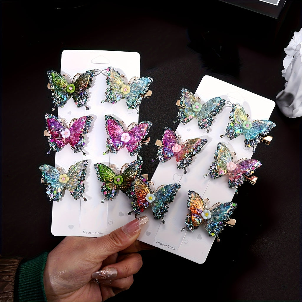 12pcs/set New Luxury Shiny Sequin Double-layer Butterfly Clip, Women'S Fashionable Double-layer Acrylic Butterfly Hair Clip, Suitable For Daily And Holiday Party Wear, Women'S Y2k Headwear Hair Accessories