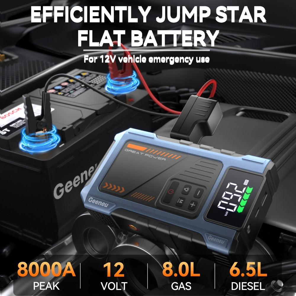 [Portable Jump Starter] Jump Starter With Air Compressor, 8000A Peak Battery Jumper Starter Portable, Jump Box For Car Battery, 12V Portable Jump Starter For 8.0L Gas And 6.5L Diesel Cars With USB Ports And LED Flashlight, Portable Car Jump Starter, Batte