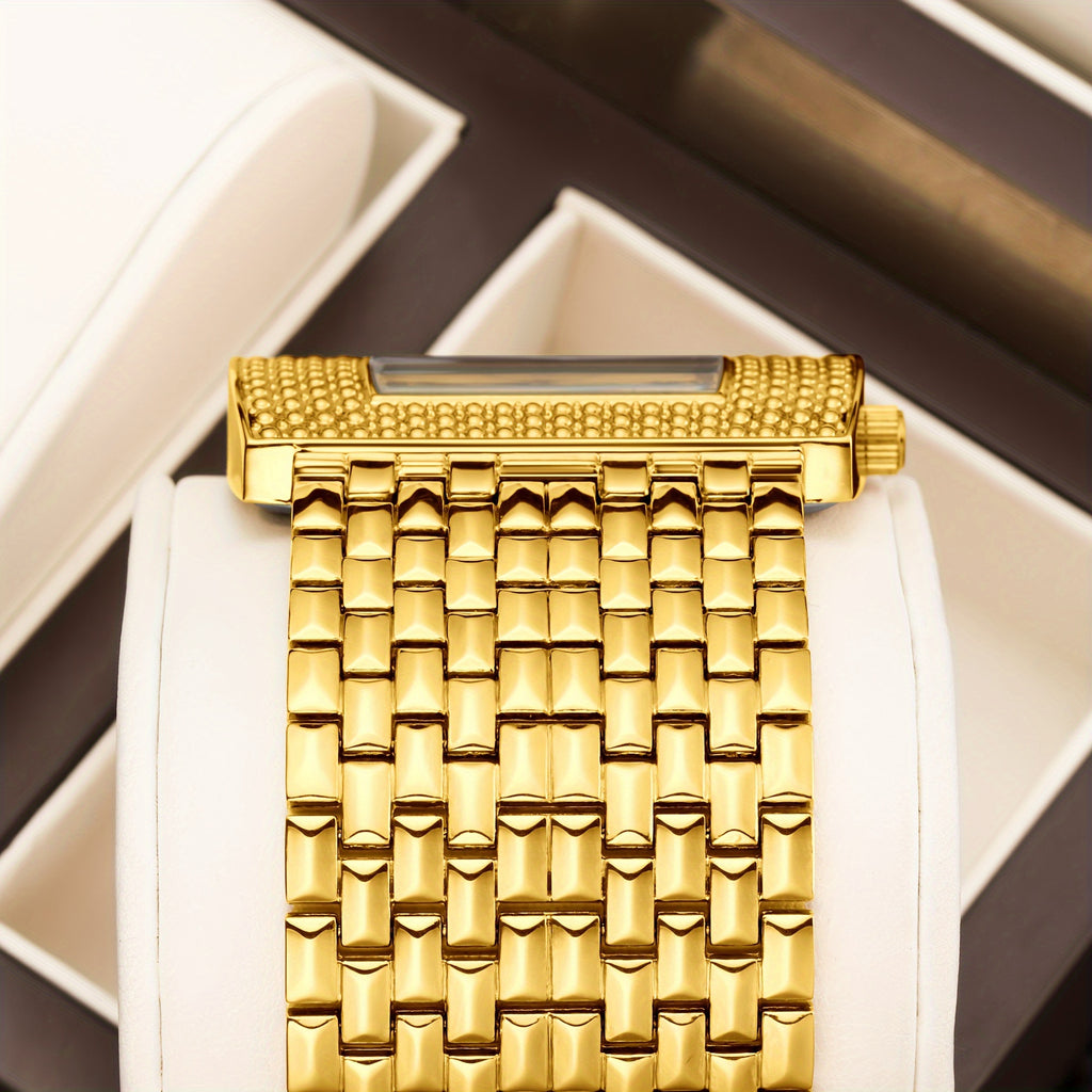 YaLaLuSi Luxury Golden-Tone Rectangular Analog Watch with Roman Numerals, Zinc Alloy Band & Case, Quartz Movement, Includes Elegant Gift Box and Band Adjuster - Ideal for Business and Party Wear