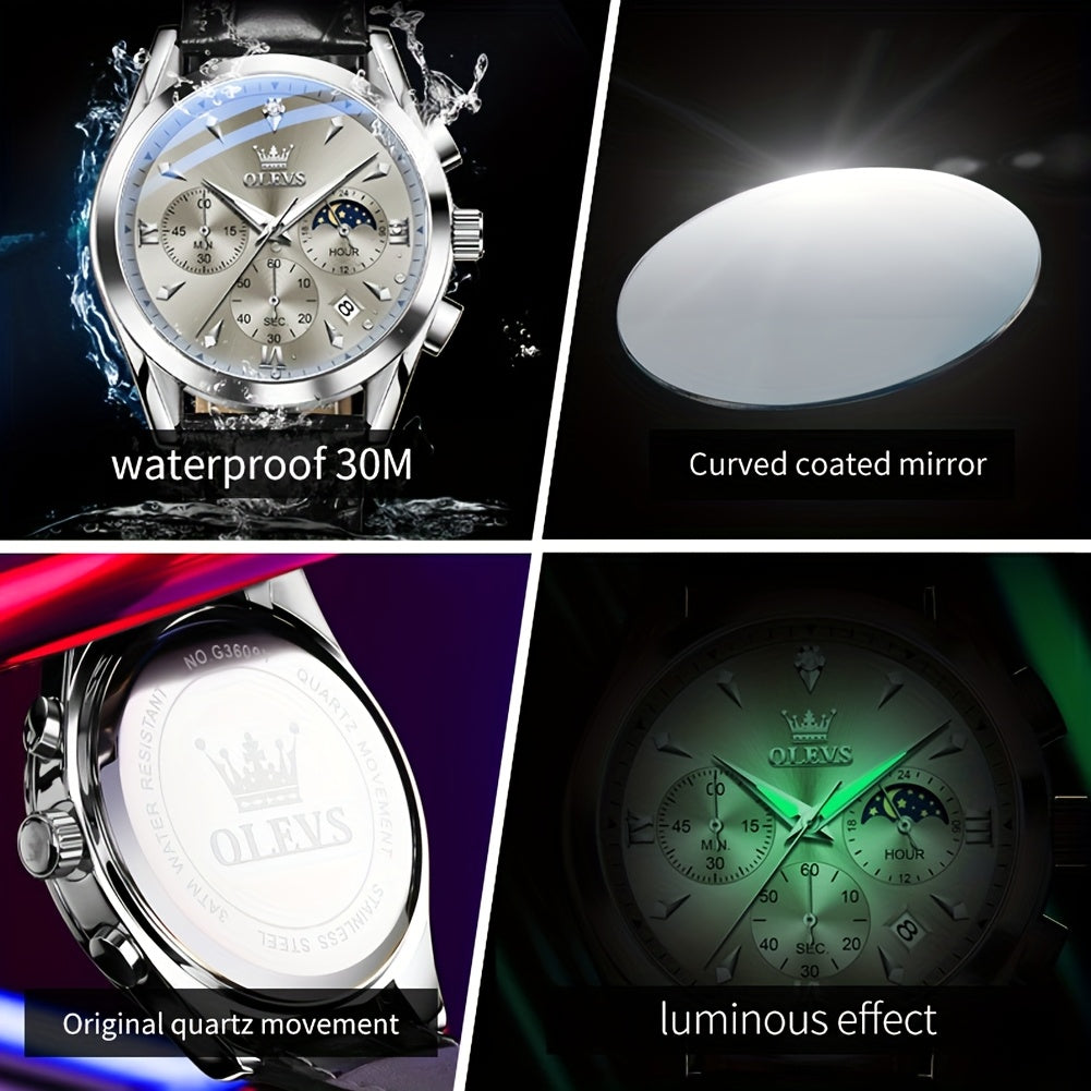 OLEVS Watches for Men Business Dress Analog Quartz Chronograph Casual Faux Leather Waterproof Moon Phase Luminous Date Luxury Mens Wrist Watches Reloj Para Hombre