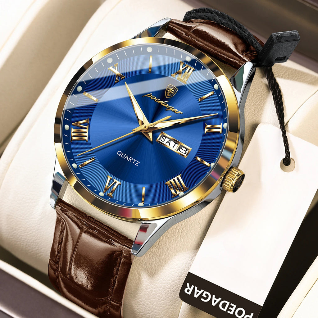 [Men's Casual Watch] POEDAGAR 978P Men's Fashion Casual Watch, 3ATM Waterproof with Date Function, Round Dial, PU Leather Band