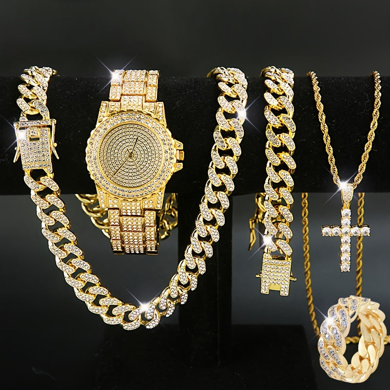 5pcs Luxury Watch And Jewelry Collection for Both Men And Women - Features a Quartz Wristwatch, Cuban Link Necklace, Bracelet, Ring, And Cross Pendant - an Ideal Gift for Christmas