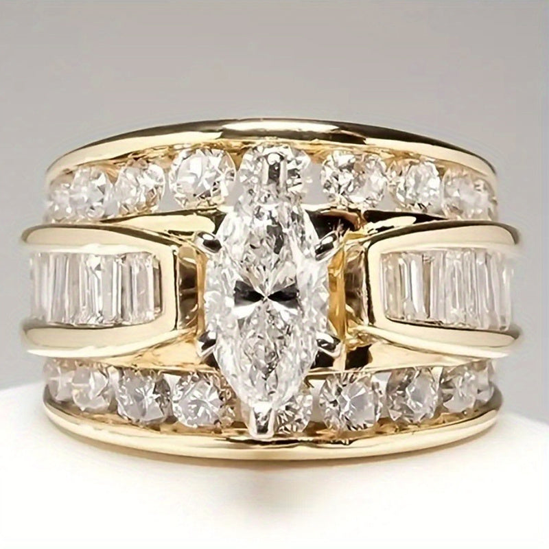 2pcs Fashionable And Exquisite Ladies' Anniversary Commemorative Ring Set with Wide Edition Engagement Ring Ladies' Wedding Banquet Luxury Jewelry Gift