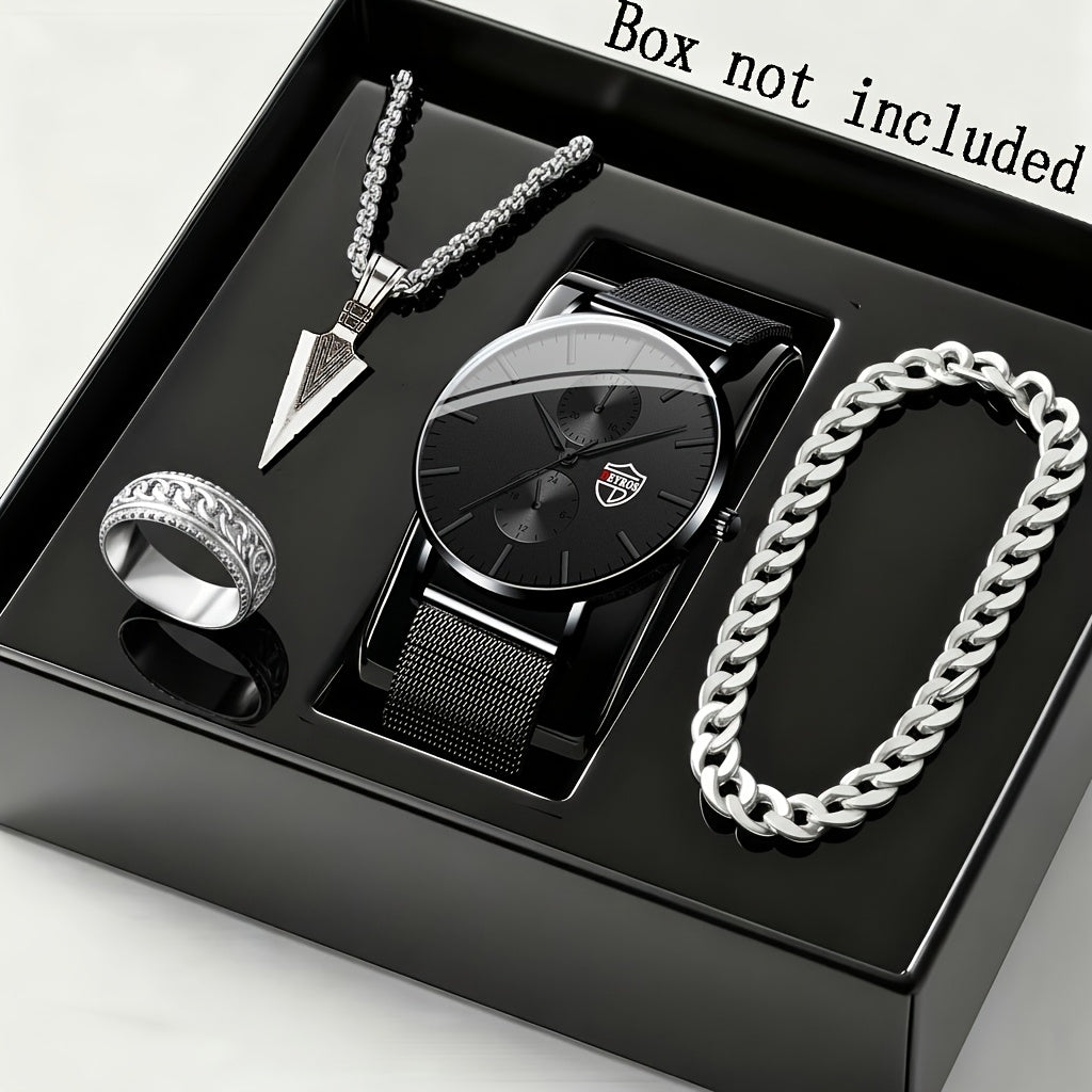 4pcs/Set Men'S Elegant Quartz Watch And Bracelet Set – | Sports Watch | Casual Watch | Business Watch | Quartz Movement