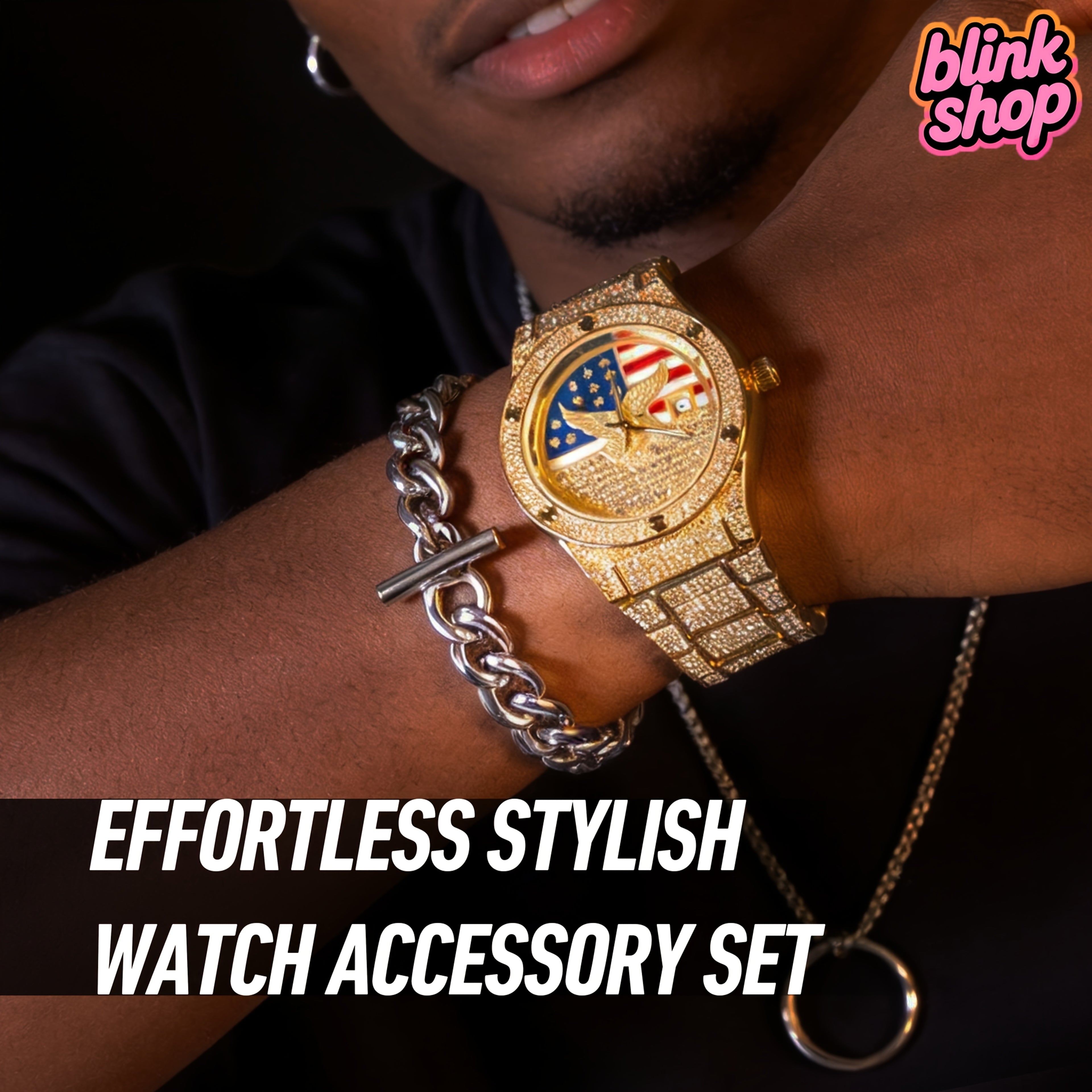 Stylish Men's Watch, New Style, Synthetic Rhinestone Strap, Hip Hop Large Dial, Individualistic Mechanical Watch with Steel Strap Design, Free American Classic Men's Watch, Party Watch, Gift for Women to Men, Jewelry