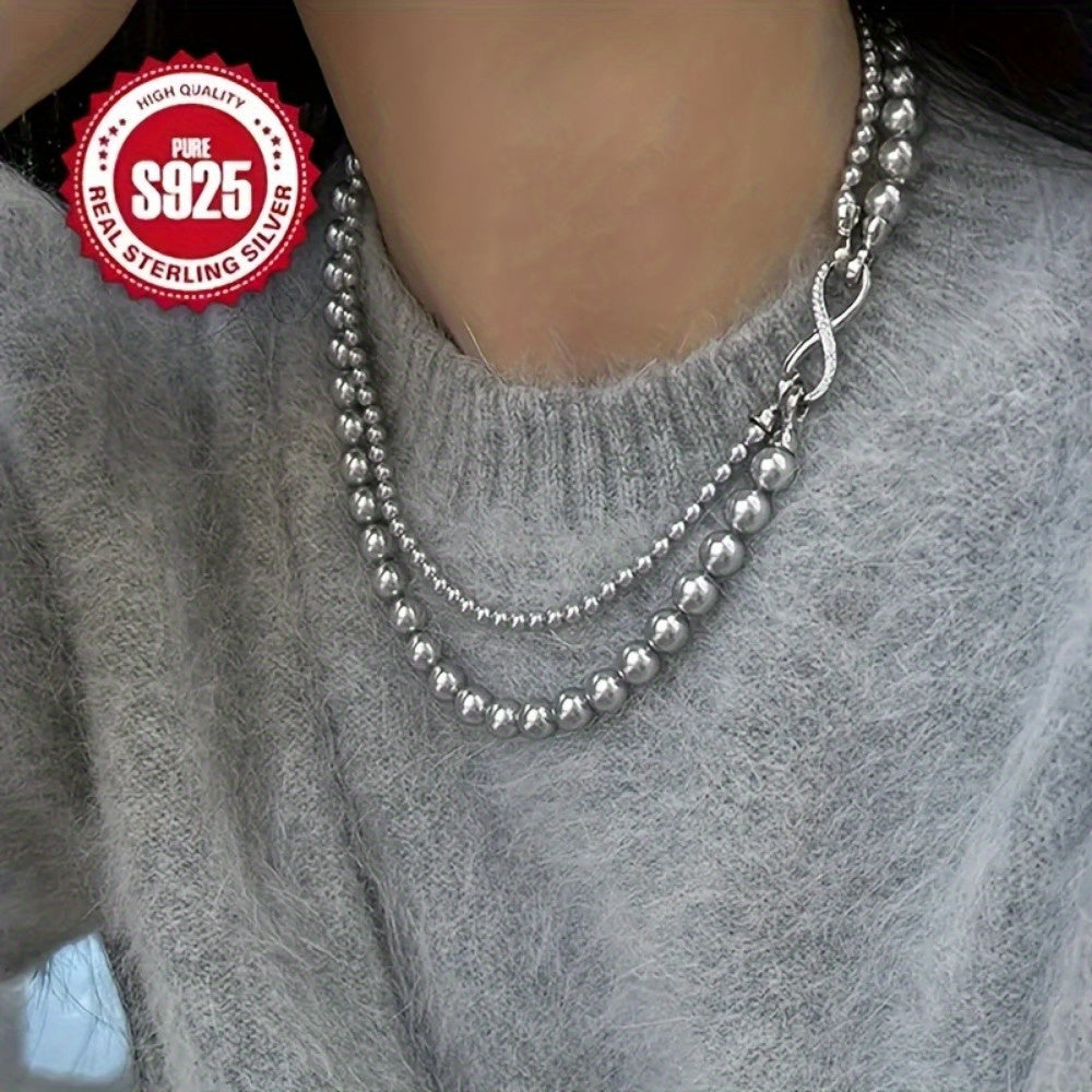 Exquisite 925 Sterling Silvery Imitation Pearl Necklace, Double-Layer Luxurious Style, Detachable Buckle, Anti Allergic Round Pearl Chain, Suitable for Daily Wear And Special Occasions, Perfect Gift for Mother'S Day