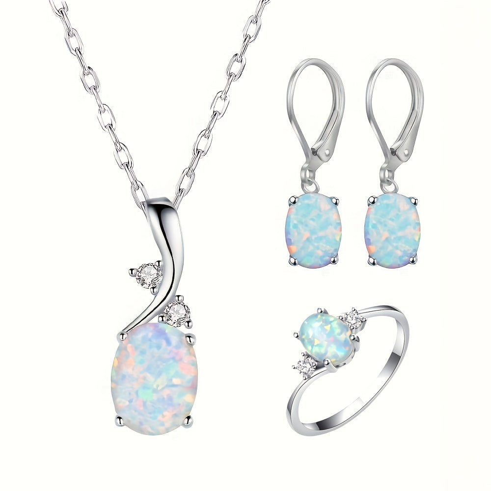4pcs Set 925 Silver Easy Fashion Elegant Water Drop Opal Pendant Necklace Earrings And Ring Women'S Additions Party Jewelry Set
