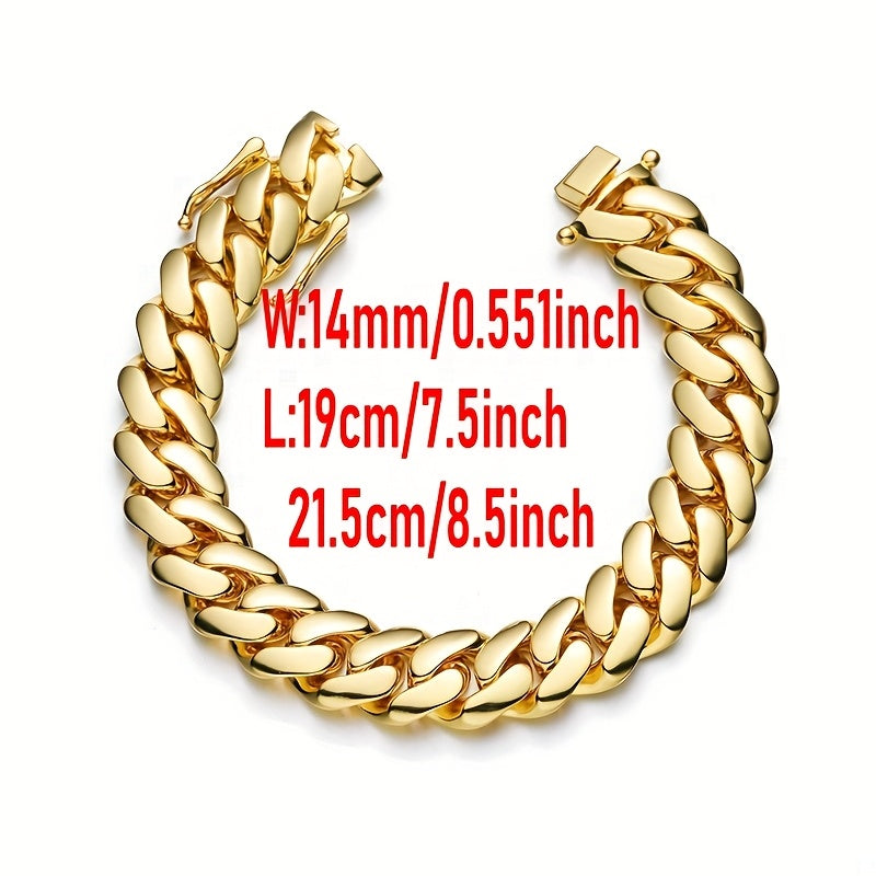 2pcs Miami Cuban Link Chain Set for Men Hip Hop Jewelry 14Mm 316L 316L Stainless Steel 18K Gold Plated Lock Buckle Bracelet Necklace Set