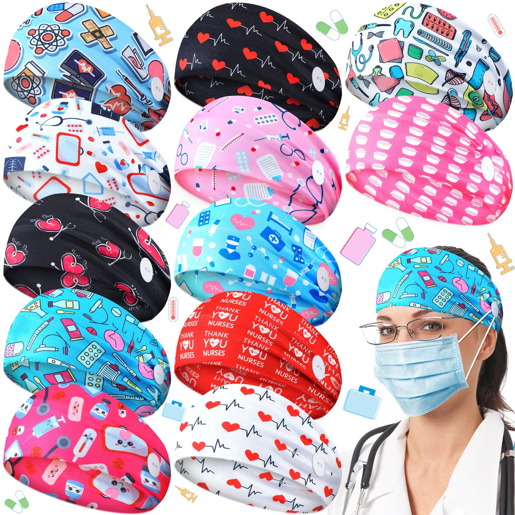 12pcs Nurse Headbands for Women, Non Slip Nursing Headbands with Buttons for Mask Work Accessories Elastic Ear Protection Hair Bands Gift for Spa Yoga Sports(Stylish)