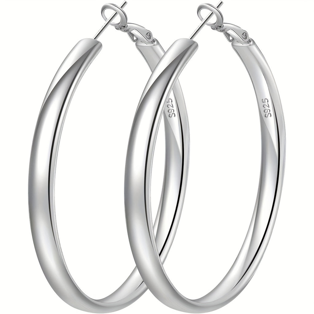 [Sterling Silver Hoop Earrings] A Pair Of 925 Sterling Silver Women's Round Earrings, Hypoallergenic Large Silvery Hoop Earrings, Lightweight Thick Silvery Hoop Earrings 5MM Wide Women's Large Hoop Earrings (30/40/50/60/70MM) (30mm Silvery Weight 3.2, 40m