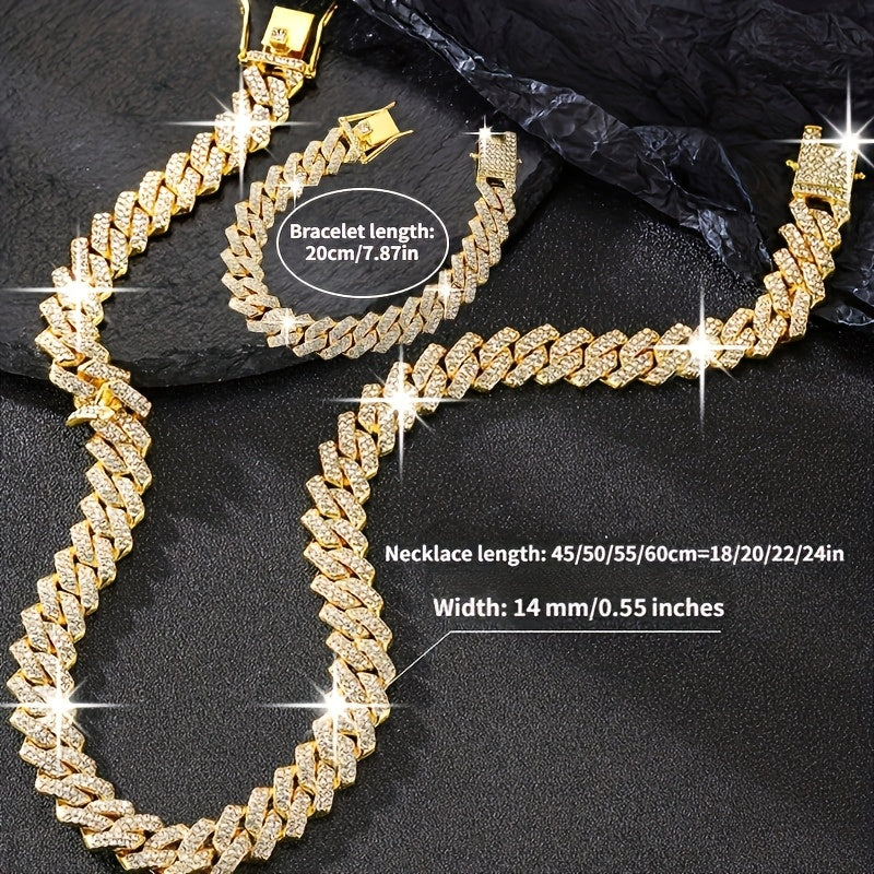 2pcs Men Cuban Link Necklace And Bracelet Set Full Rhinestones Embellished Unisex Punk Inspired, Y2K Hip Hop Style Cuban Link Necklace Bracelet Jewelry Luxury Gift Idea for Him/Her