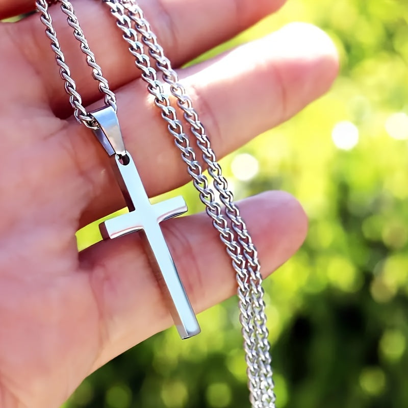 1 men's fashionable cross pendant necklace, plated with 18K golden Cuban chain, stainless steel men's minimalist casual necklace