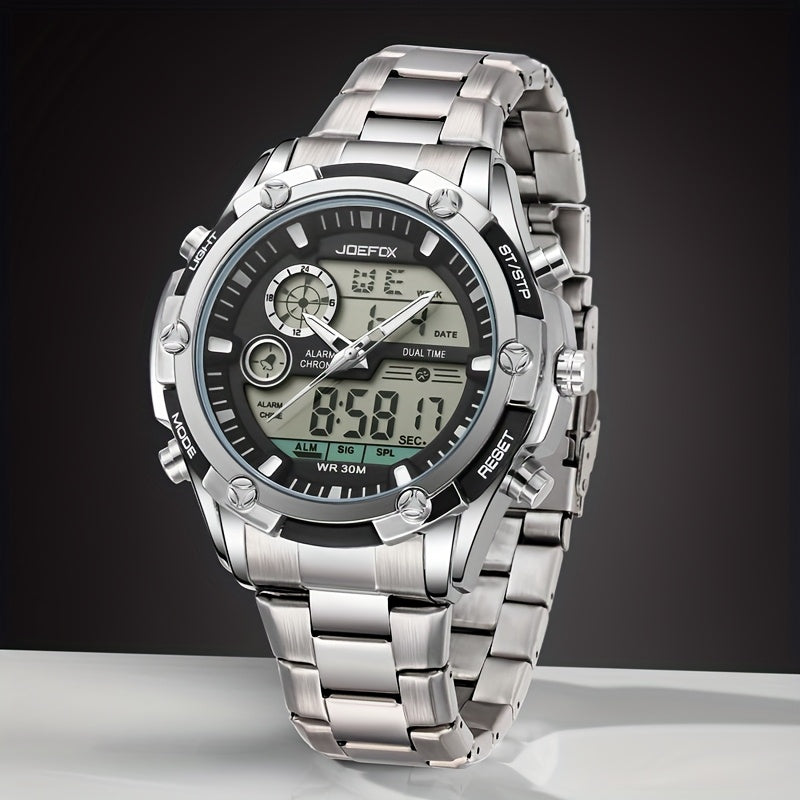 [Sport Wristwatch For Men] JOEFOX Men's Large Display Digital Watch - Stainless Steel Band, LED Backlight, 3ATM Waterproof, Chronograph, Alarm, Modern Sport Wristwatch For Men