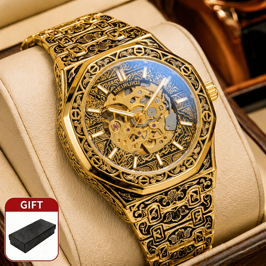 [Automatic Mechanical Watch] 1pcss Men's Golden Green Steel Belt Retro Style Classical Fashion Rose Carving Automatic Mechanical Watch, Without Battery