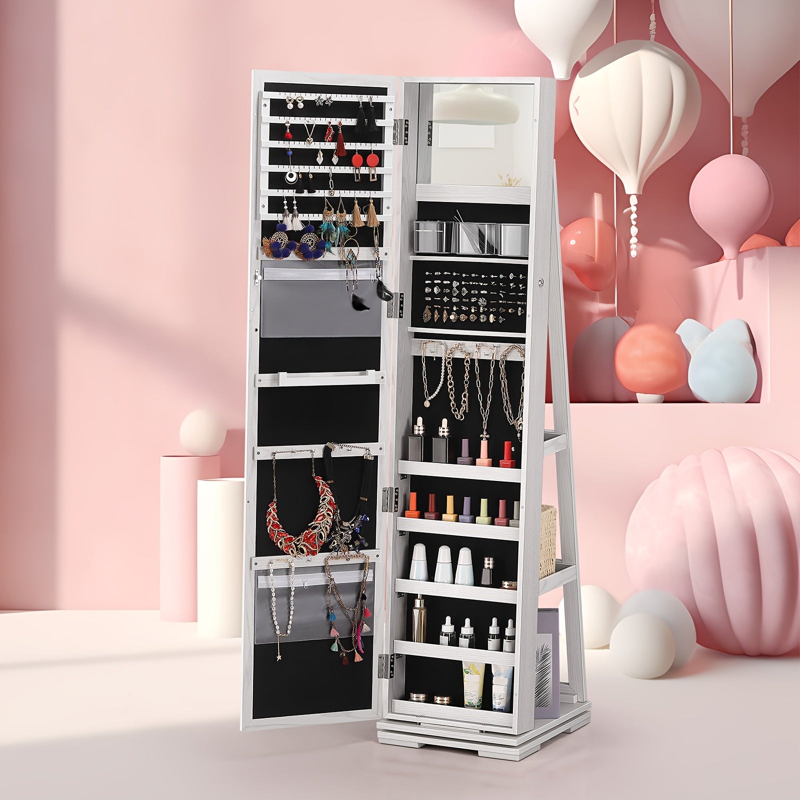 360° Rotating Jewelry Cabinet, Jewelry Closet with Full Length Mirror, Rotating Mirror Standing Jewelry Cabinet, Large Standing Jewelry Box with Storage, Soft Velvet Interior, Gift, White