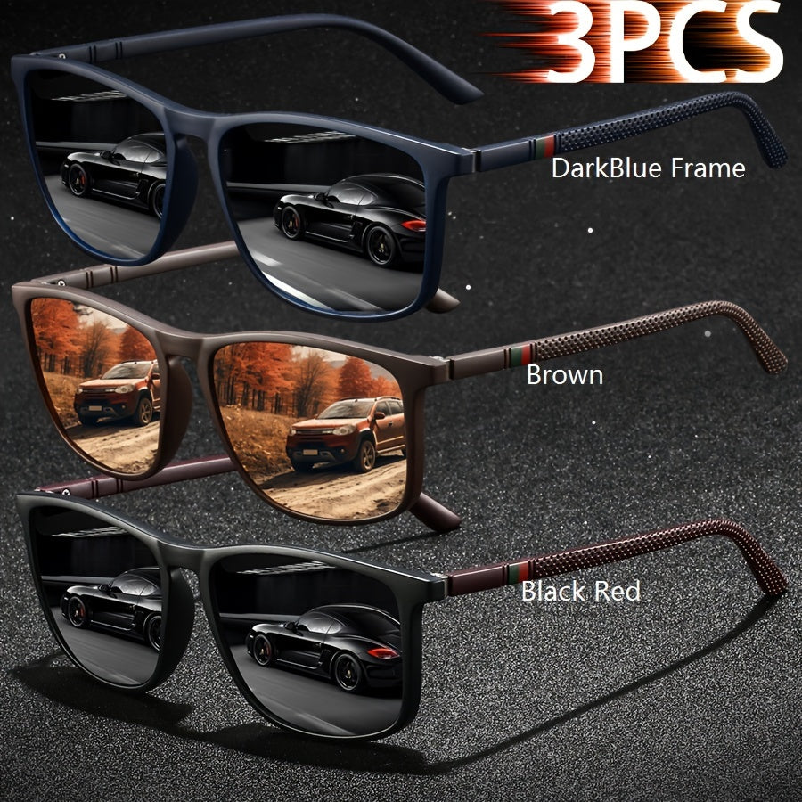 3 Pairs of  Striped Square Fashionable Men's and Women's Fashion Glasses - Luxurious Designer Anti-glare Black, Deep  and Red Color Combination - Fashionable UV Protection, Suitable for Driving, Fishing, Traveling and Beach Outfits